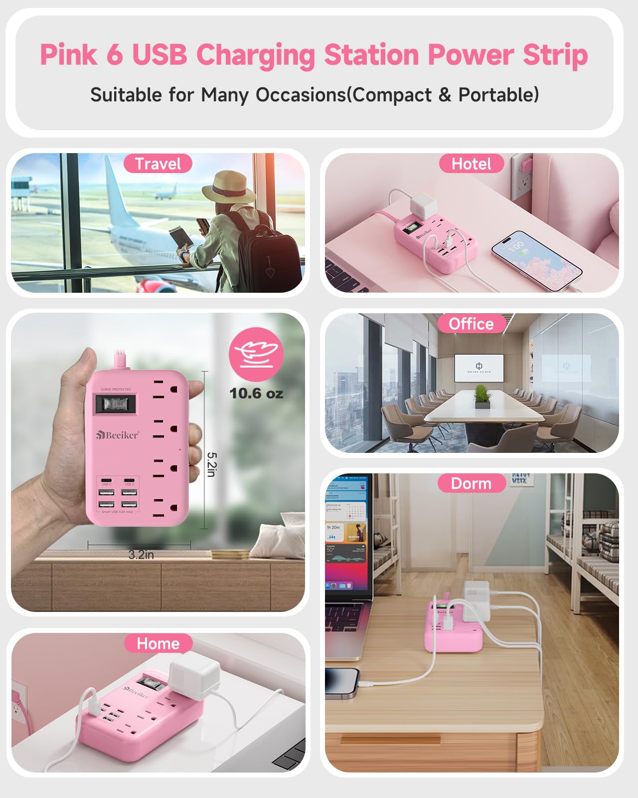 6 USB(2 USB C) Purple Travel Power Strip- 5Ft Lavender Extension Cord with 24W USB Charging Station and 4 Outlets, Purple Desk Accessories with Surge Protector for Cute Kawaii Office Dorm Room