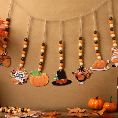 Bucherry 10 Pcs Thanksgiving Wooden Bead Ornaments Fall Wood Bead Hanging Decorations Pumpkin Maple Leaf Turkey Gnome Beaded Garland Decor for Autumn Harvest Party Farmhouse Tiered Tray Ornaments