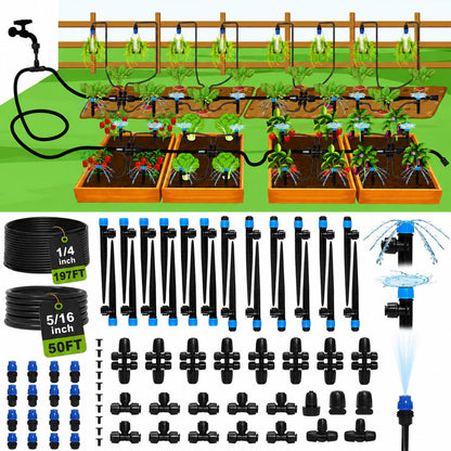 Bonviee 247FT Drip Irrigation System, Automatic Garden Watering System Kit with 50FT 5/16” & 1/4” Drip Tubing, Quick-to-Connect Fittings, Adjustable Drip Emitters for Raised Beds, Greenhouse, Lawn