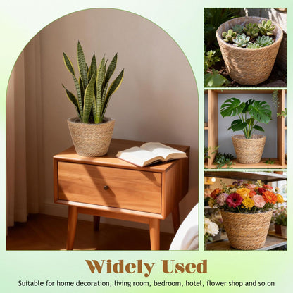 Wicker Planter Baskets with Plastic Liner: 2Pcs Round Seagrass Planter Storage Baskets, Straw Woven Rattan Flower Plants Pot Covers for Indoor Outdoor, Rustic Boho Farmhouse Decor 9 X 9 X 6.5''