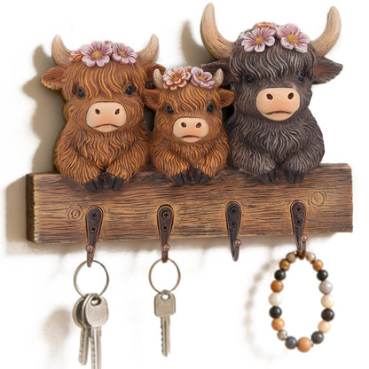 3D Highland Cow Key Holder Wall Mount, Rustic Farmhouse Key Hooks with 4 Metal Hooks, Decorative Resin Highland Cow Figurine Hanging Organizer Home Decor for Entryway Office Hallway and Living Room