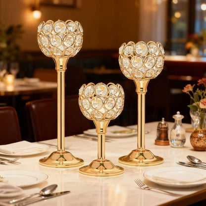 Candle Holder Candlestick Holders- 1Set Gold Crystal Pillar Candle Holders,Metal Candlestick Stands for Wedding Centerpieces,Table Decor for Church,Valentine's Day Housewarming Gift,3Pcs