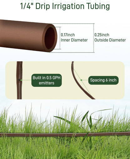1/4" Drip Irrigation Tubing with 6" Emitter Spacing, (250 Ft Roll) Hydroponics Dripline with Built-in 0.5 GPH Dripper, Drip Line for Vegetation, Window Boxes and Garden (Brown)