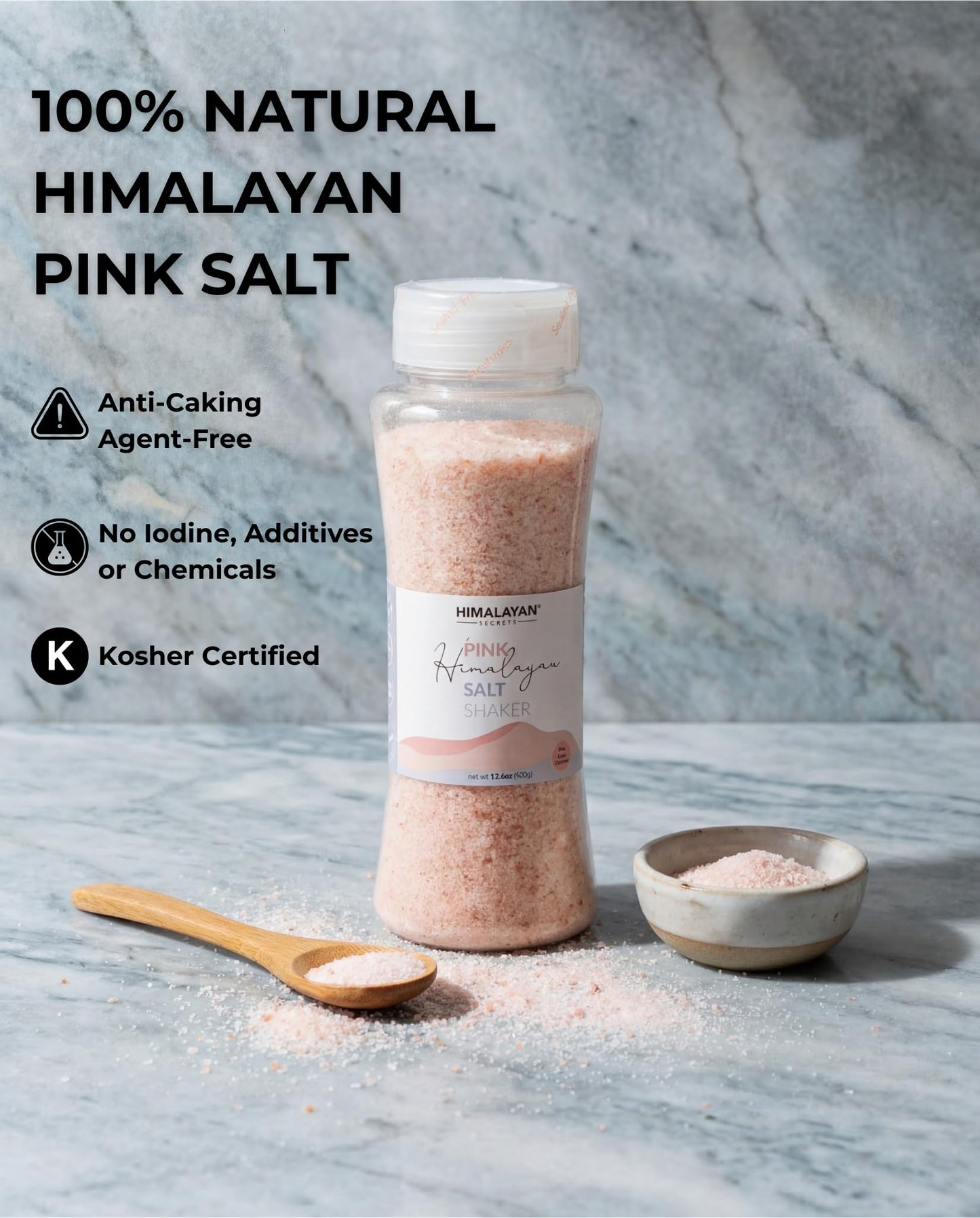 Himalayan Secrets Natural Pink Salt - Cooking Salt, Fine Grain Gourmet Salt, Kosher Certified, Pure Flavor, Healthy, No Additives, Rich in Minerals, Easy Sprinkle Butterfly Top (17.6 oz Shaker)
