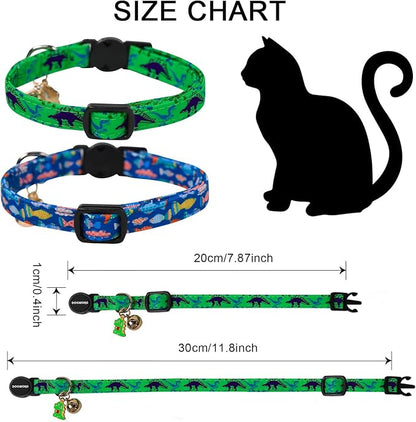 2 Pack Cotton Kitten Collars with Bells and Removable Charms, Cute Dinosaurs Collar for Indoor Boy, Girl and Adult Cats，Adjustable Kitten Collar 7-12 Inch