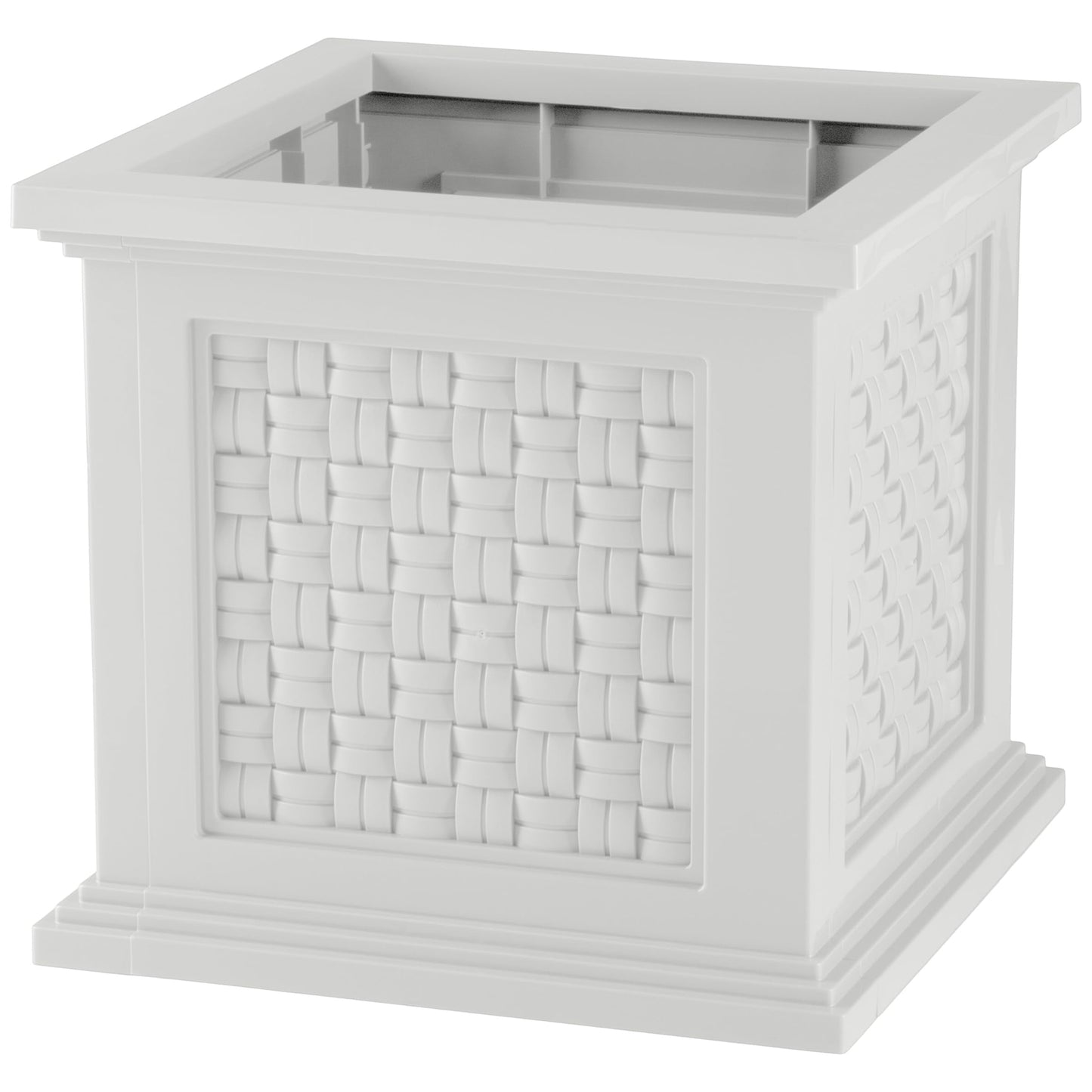 Rattan Style Outdoor Planter Box - 14.65-Inch-Square Decorative Flower or Plant Pot - Garden, Patio and Front Porch Decor by Pure Garden (White)
