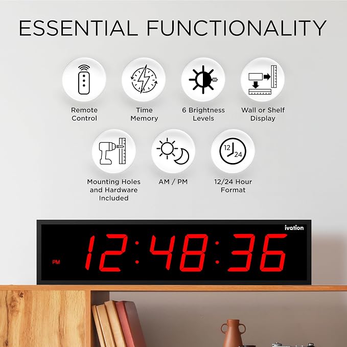 Ivation Oversized Large Digital Wall Clock - Big LED Digital Clock w/Large Display & Durable Aluminum Frame, Shelf or Wall Mount (36 Inch - Red) 6 Brightness Levels | Time Memory | Remote