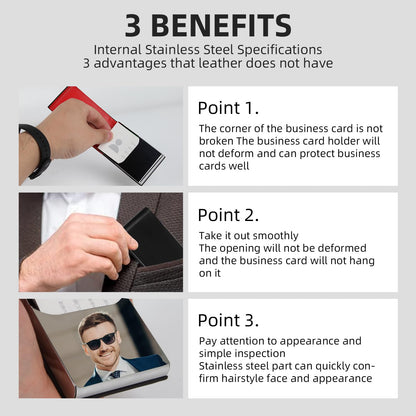 Stainless Steel Leather Business Card Holder - Magnetic Case, Suitable for Business, Note & Credit Cards (Black)