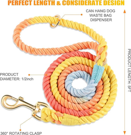 Dog Leash 5 FT Handmade Braided Cotton Rope Leashes for Small Medium and Large Dogs, New Golden Heavy Duty Metal Clasp, Colorful Rainbow