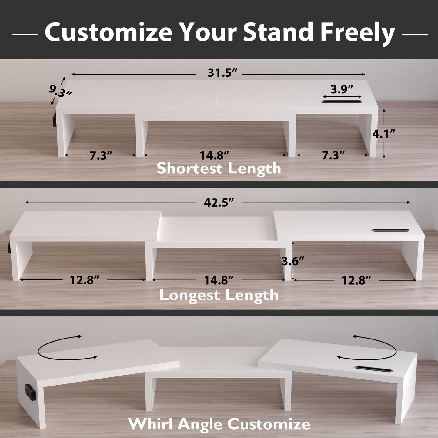 BONTEC Dual Monitor Stand Riser with Smartphone Holder, Adjustable Length & Swivel Angle, Ergonomic Wooden Desktop Organizer for PC Monitor, Laptop, Printer, Large Storage, White
