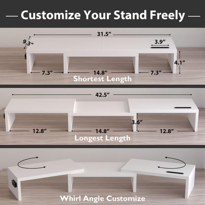 BONTEC Dual Monitor Stand Riser with Smartphone Holder, Adjustable Length & Swivel Angle, Ergonomic Wooden Desktop Organizer for PC Monitor, Laptop, Printer, Large Storage, White