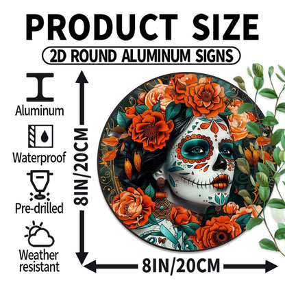 Classic Calavera Sugar Skull Round Aluminum Sign Halloween Autumn Wall Hanging Wall Art Decorative Signs & Plaques 8x8 Inch. Perfect for Bedroom, Living Room, Office, and Entryway Decor. Dreamy Artistic Style.