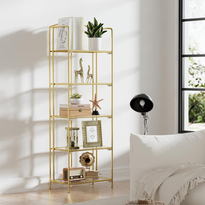 Crofy No Assembly Folding Bookshelf for Living Room, 5 Tier Gold Collapsible Book Shelf for Home Office, Portable Bookcase Storage Organizer