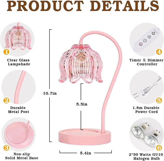 Funistree Flower Candle Warmer Lamp with Timer, Dimmable Candle Lamp Warmer, Christmas Birthday Gifts for Women Mom Her, Housewarming Home Decor, Lotus Wax Warmer for Yankee Candles - Full Pink