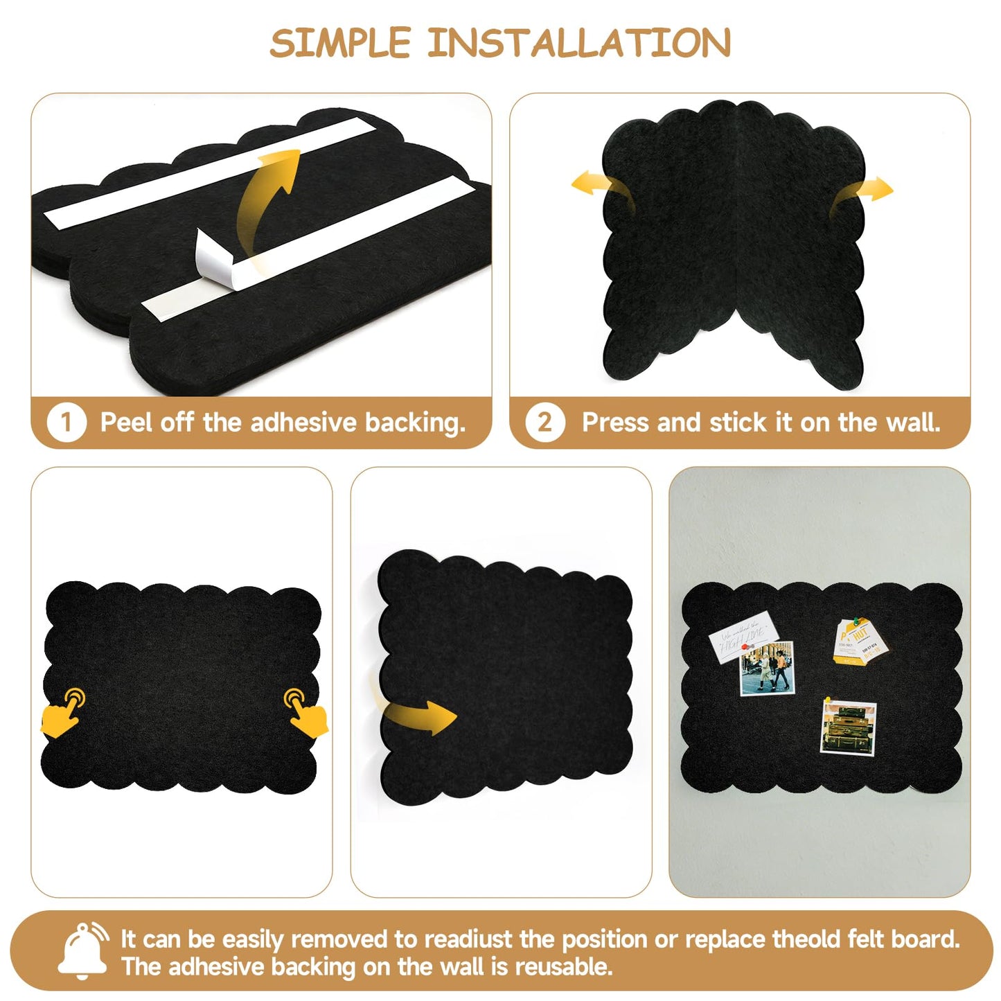 Felt Bulletin Board 24" x 18" Cork Board Alternative,Decorative Felt Pin Board Foldable Cork Boards for Walls Self-Adhesive Cork Board for Home Office Classroom Pin Board (Black)