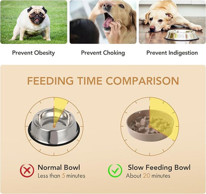 Havniva 8.2” Raised Slow Feeder Dog Bowls Set, 1.6 Cups Ceramic Slow Feeder Dog Bowl and 7.3” Dog Water Bowl with Elevated Wooden Stand Puzzle Dog Food Bowl for Medium Dogs Anti-Gulping & Anti-Choking