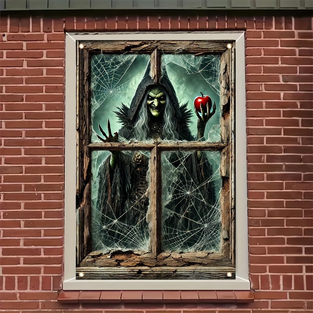 Tomhong Halloween Window Cover 31x47 Inch Witch Holding Apple Cobweb Horror WindowBanner Holiday Decoration Haunted House Indoor Outdoor Spooky Wall Decor