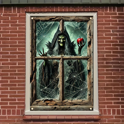 Tomhong Halloween Window Cover 31x47 Inch Witch Holding Apple Cobweb Horror WindowBanner Holiday Decoration Haunted House Indoor Outdoor Spooky Wall Decor