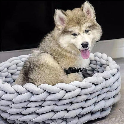 Woven Dog Bed Basket, Knitted Cotton Cat Bed Round Washable Woven Cat Pet Bed Chunky Dog Basket, Orthopedic, Chunky Knit Dog Nest,Dog Bed,Dog Cave,Dog Bedding(Green,23")