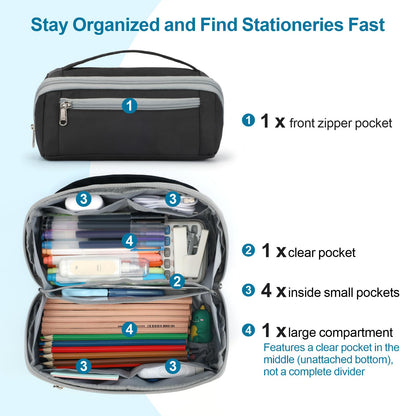 BrainyBees Large Capacity Pencil Case - Pencil Pouch for Teen Boys, Aesthetic Pouch Organizer with 8 Compartments, Wide Opening Marker Bag for Middle High School College, Fits Calculator, Black