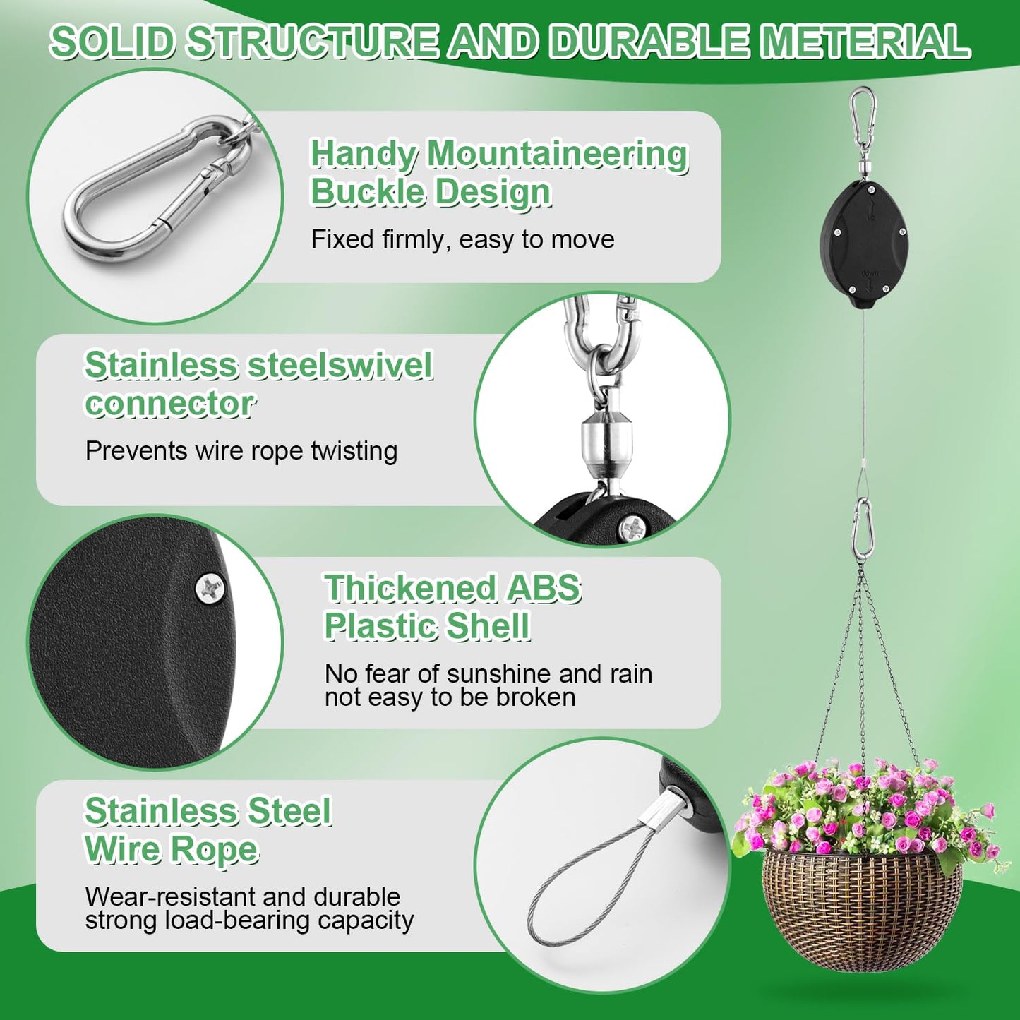 4 Pack Heavy Duty Retractable Plant Hangers, Adjustable Pull-Down Pulleys with 63" Stainless Steel Rope, Double Hooks for Hanging Plants, Bird Feeders, Planters & Pots, Indoor & Outdoor Use