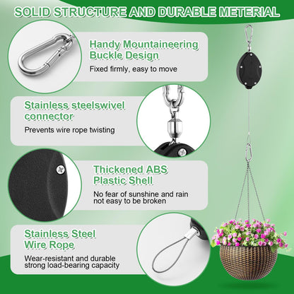 4 Pack Heavy Duty Retractable Plant Hangers, Adjustable Pull-Down Pulleys with 63" Stainless Steel Rope, Double Hooks for Hanging Plants, Bird Feeders, Planters & Pots, Indoor & Outdoor Use