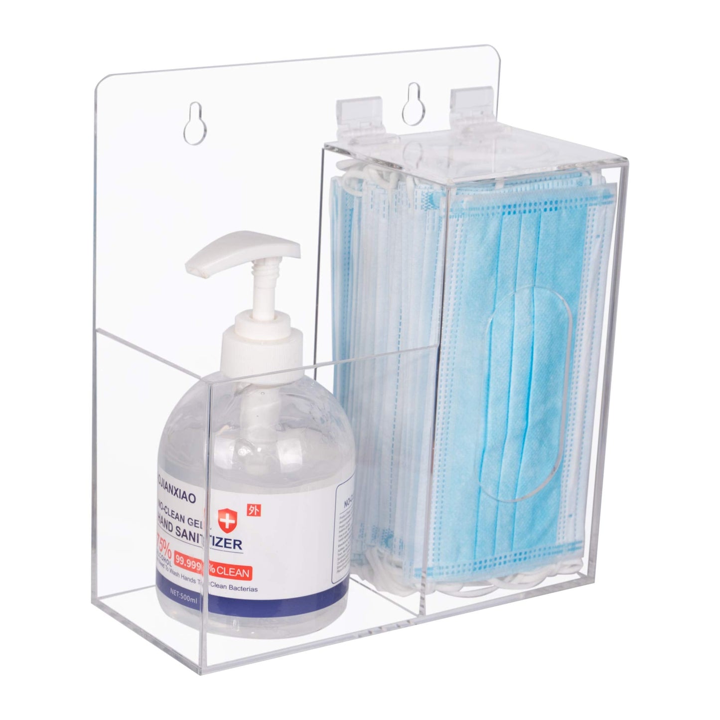Aphbrada Acrylic Mask Dispenser & Hand Sanitizer Holder Stand Wall Mount or Countertop, Hygiene Station with 2 Compartment Clear Box Dispenser Holder for Face Masks, Gloves, Hairnets, Spray Bottle