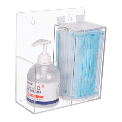 Aphbrada Acrylic Mask Dispenser & Hand Sanitizer Holder Stand Wall Mount or Countertop, Hygiene Station with 2 Compartment Clear Box Dispenser Holder for Face Masks, Gloves, Hairnets, Spray Bottle