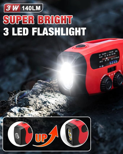 Hand Crank Radio with AM/FM/NOAA Weather Band,for Emergencies, Camping | 3 LED Flashlights,SOS Function,Solar Powered,Hand Cranked, 2000mAh/7400mWh Charger,for Power Outage - Red