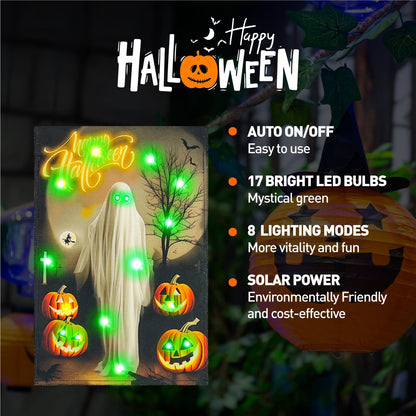 Vigor Home Solar Happy Halloween Lighted Garden Flag Double Sided 12×18 Inch, 8 Modes Led Small Vertical Ghost Pumpkins Spooky Night Yard Flags for Outside Front Porch Lawn Outdoor Decor