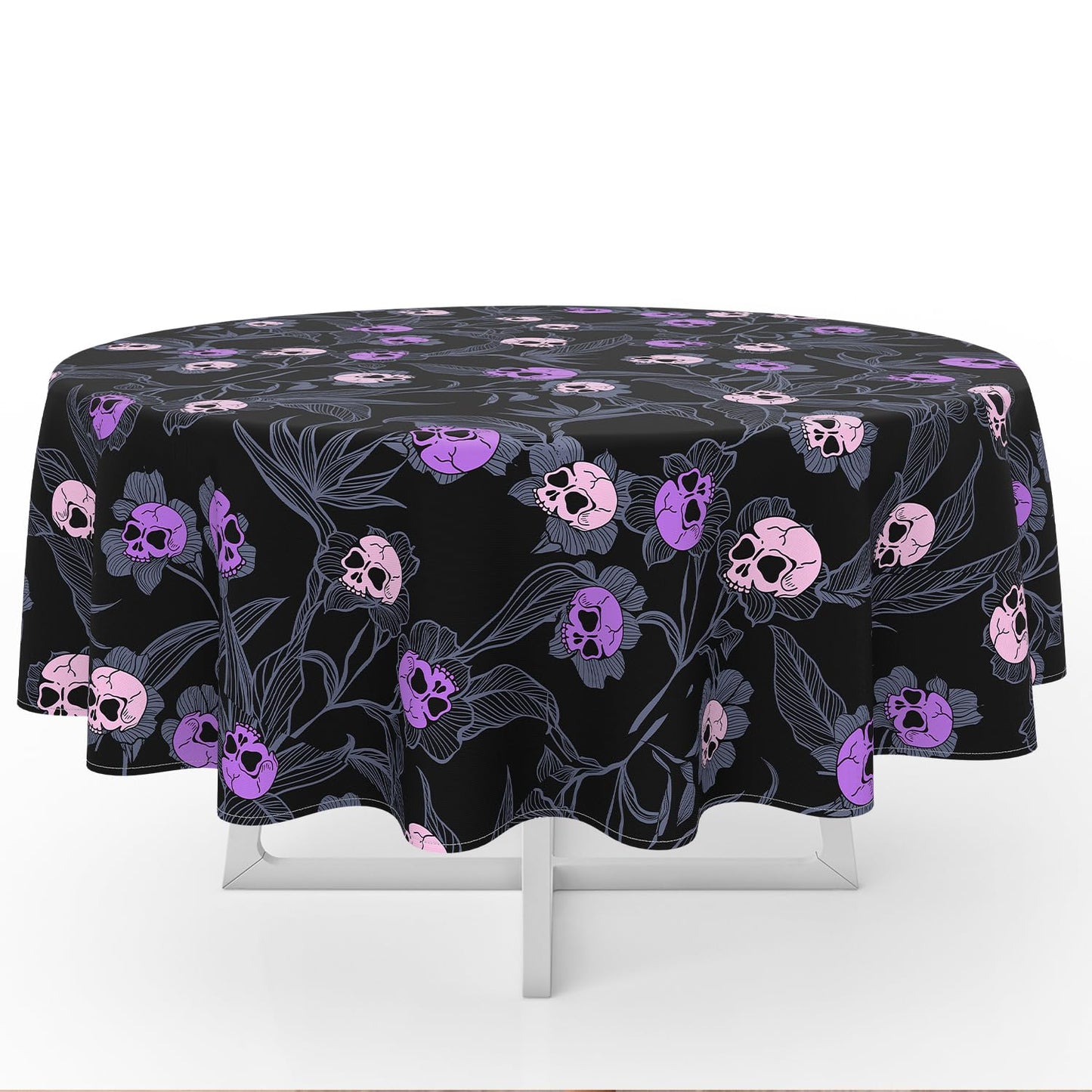 Halloween Goth Skull Tablecloth, Gothic Skeleton Table Cloth Waterproof, Halloween Kitchen Table Decor for Dining Holiday Party 60x60 Inch Round