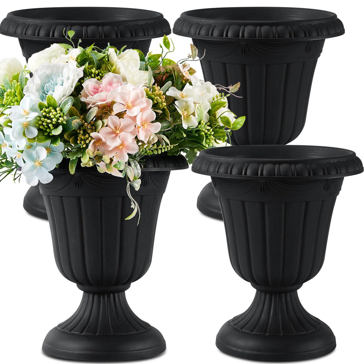 Zhehao 4 Pcs Plastic Urn Planter 10 x 11.5 Inch Black Classic Flower Pots Front Porch Planters Indoor Outdoor Planters with Pedestal for Wedding Party Bridal Shower Garden Patio Home Decor