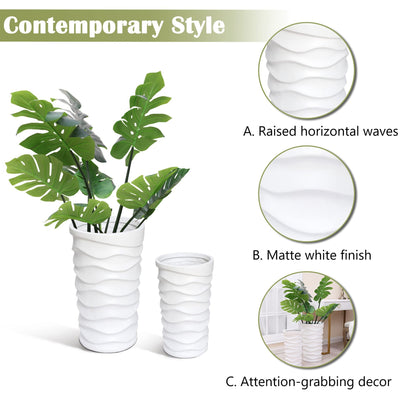 LuxenHome Tall Planters for Outdoor Plants, Set of 2 Indoor Outdoor Garden Plant Pots with Drainage Hole and Rubber Plug, Modern White Waves Flower Pot Concrete Planters for Home Garden Patio Porch