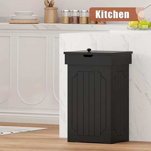 Function Home Trash Can Cabinet, 13 Gallon Kitchen Garbage Can, Wood Recycling Trash Bin, Freestanding Dog Proof Trash Can, Farmhouse Trash Cabinet with Lid for Home Kitchen Bathroom, Black
