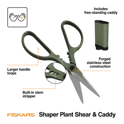 Fiskars Plant Shaping Shears & Holder, Precision Indoor Gardening Snips with Storage Caddy, Forged Stainless Steel Blades for Clean Cuts on Broad Leaves, Ambidextrous Handles & Stem Stripper, 6"