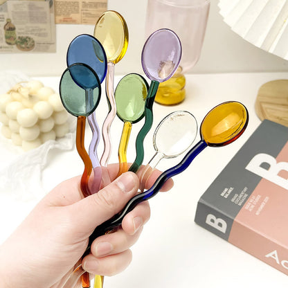 TMXAOK 7 Pieces Clear Glass Stirring Spoons Transparent Crystal Teaspoons Milk Cocktail Cold Drinks Mixing Spoon Swizzle Sticks Stirrers Salt Sugar Scoop with Curved Handle for Bar Banquet Party, A