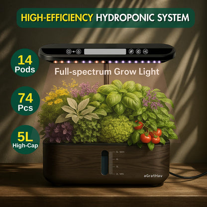 Hydroponics Growing System Kit, Indoor Herb Garden, 14 Pods Upgraded LCD Display, LED Grow Light Quiet Smart Water Pump Automatic Timer, Hydroponic Planter for Home Kitchen Office (Black)