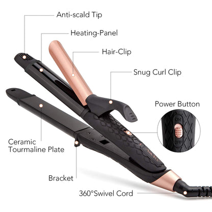 Dual Voltage Curling Iron 2-in-1 Curling Iron 1 Inch,(100V~240V) Dual Voltage Hair Straightener Travel CurlingIron European Flat Iron(Black)
