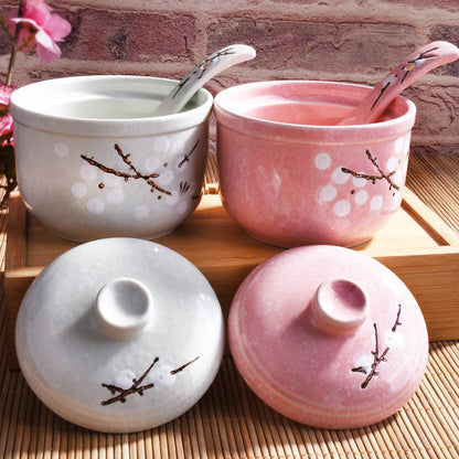 Whitenesser Ceramic Stew Bowl and Condiment Pot Set with Lid and Spoon Set of 2, Multi-Use Hand-Painted Plum Blossom Seasoning Container for Stew, Soup, Salt and Sugar