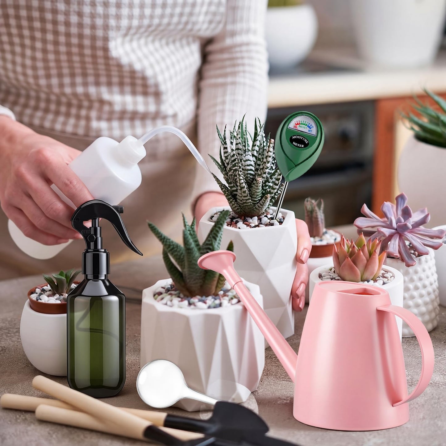 Reallnaive 6 Pcs Indoor Watering Can Set 1/2 Gallon Can 6.8 oz Spray Bottle 17 oz Squeeze Bottle Plant Watering Globes Soil Moisture Meter Small Spraying Set for Indoor Outdoor Plants(Pink)