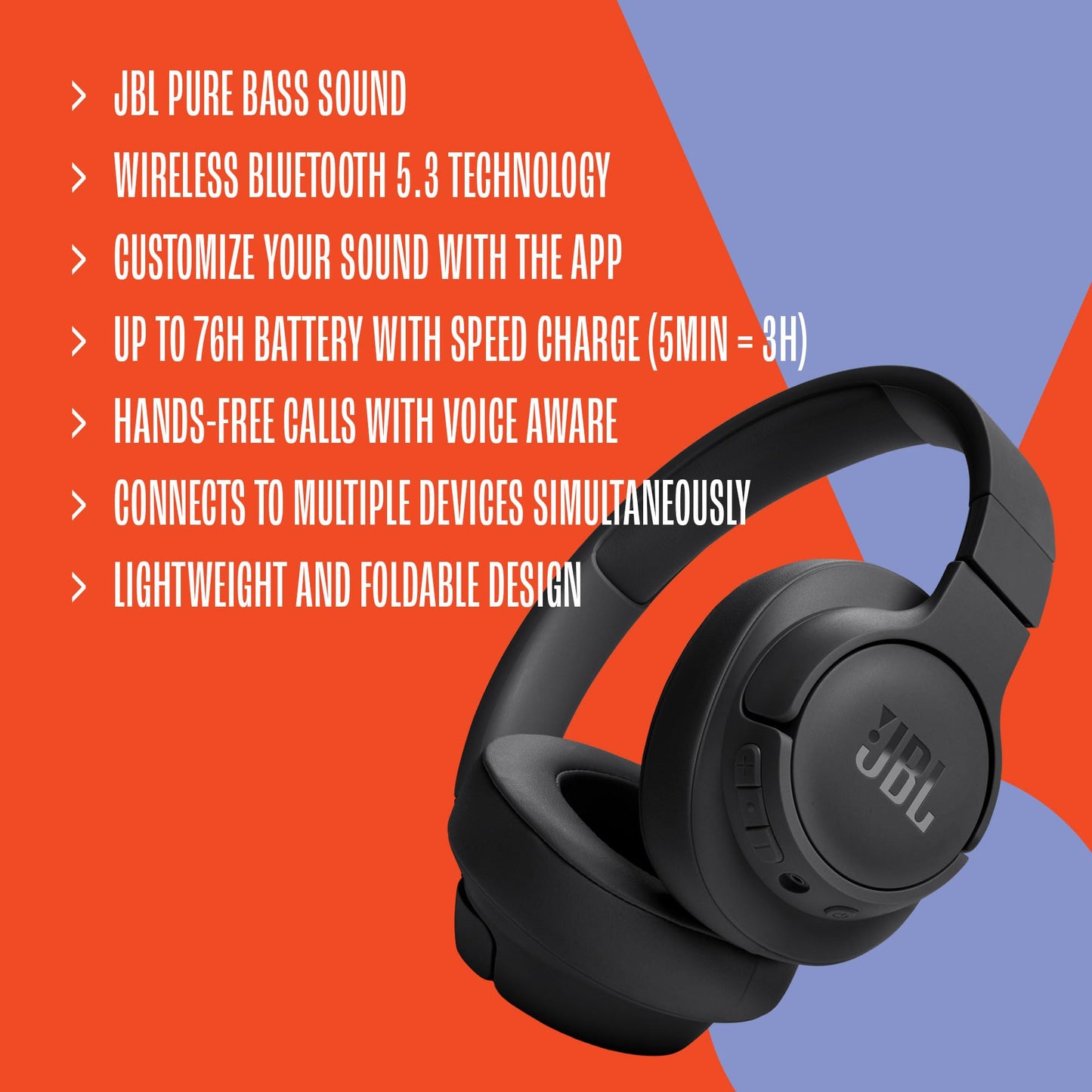 JBL Tune 720BT - Wireless Over-Ear Headphones with JBL Pure Bass Sound, Bluetooth 5.3, Up to 76H Battery Life and Speed Charge, Lightweight, Comfortable and Foldable Design (Purple)
