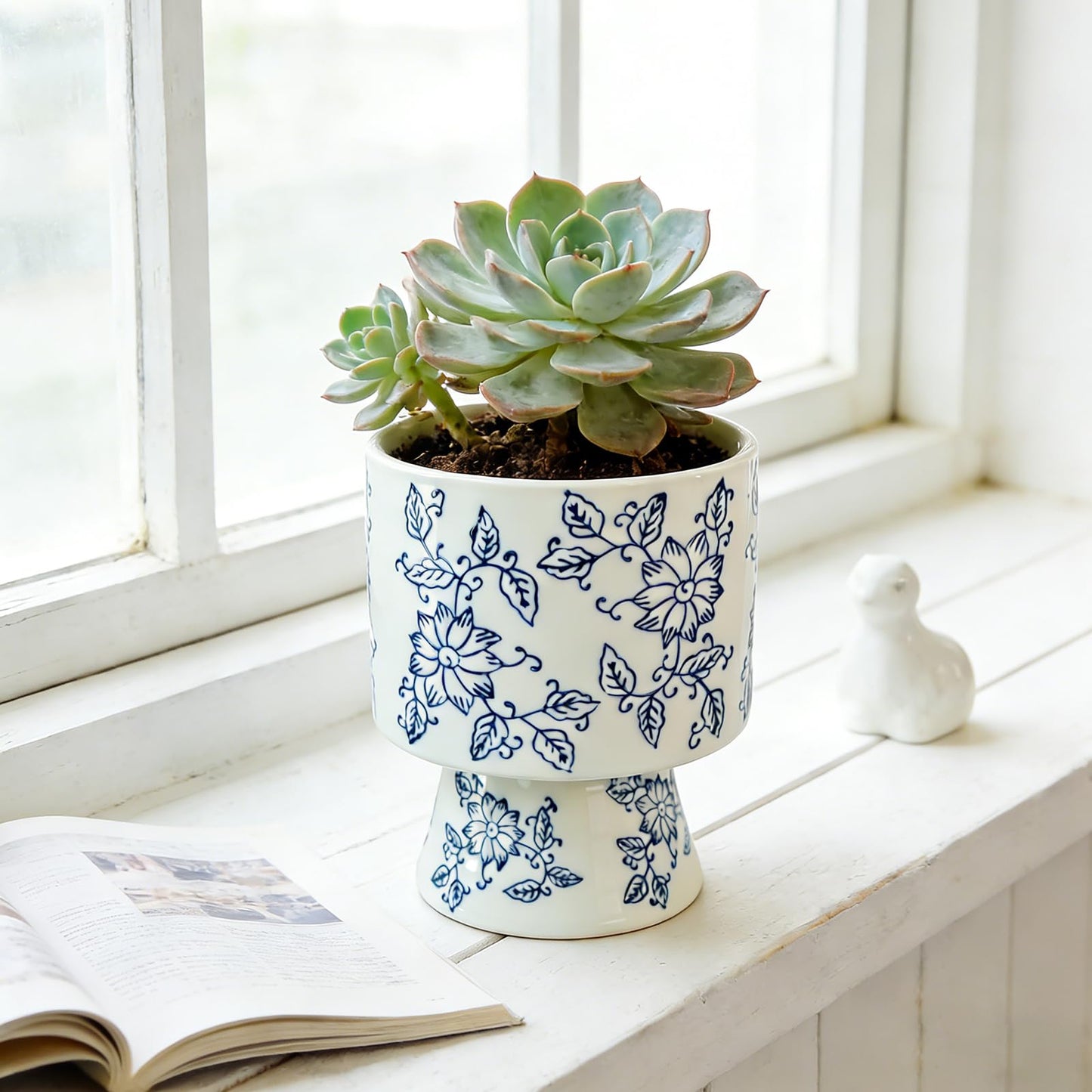 Blue and White Ceramic Flower Pot with Drainage Hole ，Elegant Succulent Plants and Orchid Planters, Home Decor Flowerpots with Tall Cup Shape Suitable for Tiger Tail Orchid and Floral Plants
