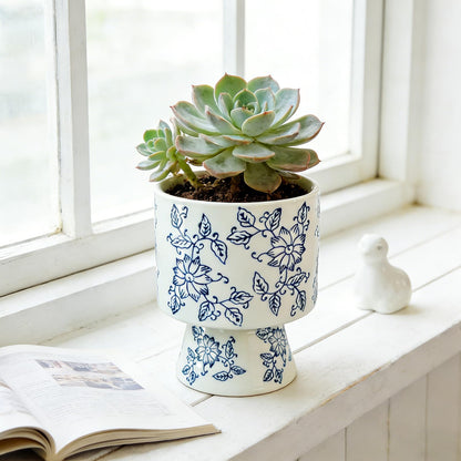 Blue and White Ceramic Flower Pot with Drainage Hole ，Elegant Succulent Plants and Orchid Planters, Home Decor Flowerpots with Tall Cup Shape Suitable for Tiger Tail Orchid and Floral Plants