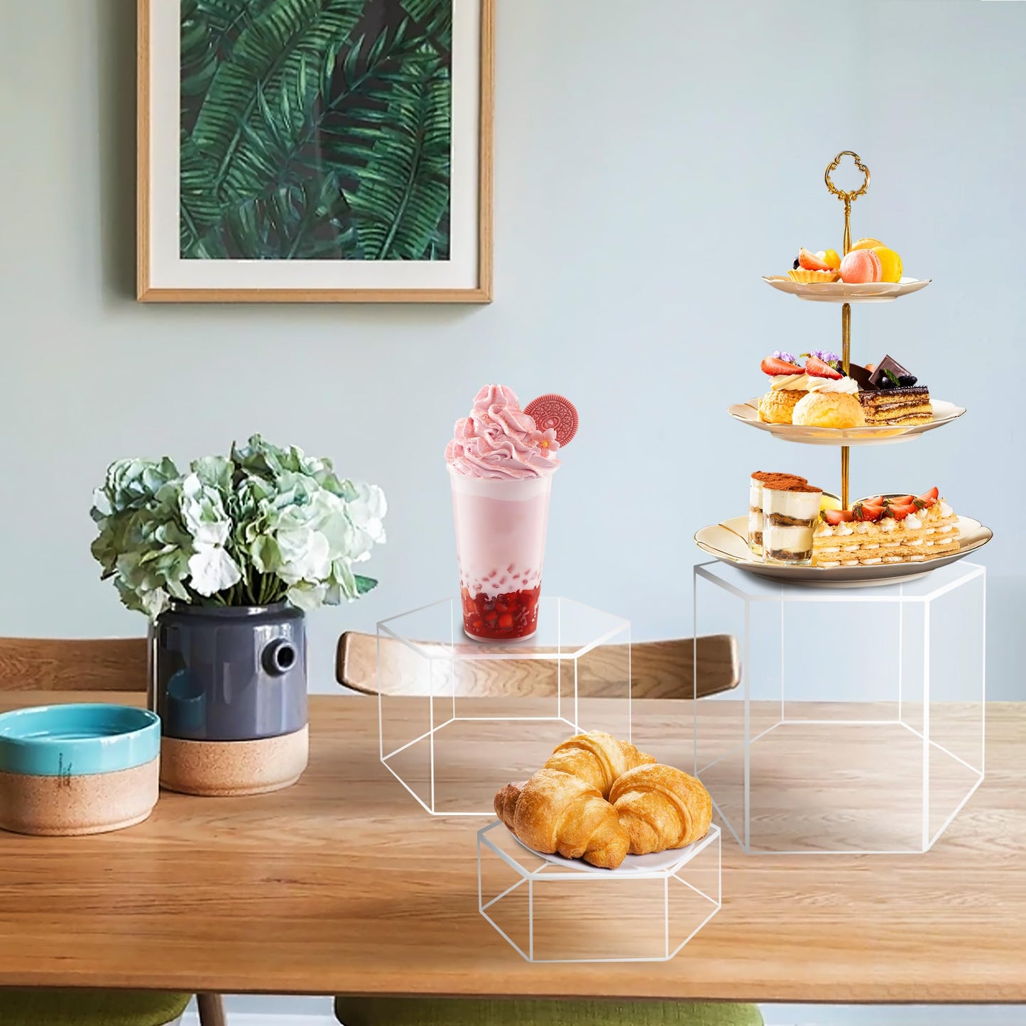 koretech 6 Pcs Buffet Risers, Dessert Stands, Acrylic Boxes for Display, Hexagonal Jewelry Showcase, Riser Display Cases Acrylic Display Base, Clear