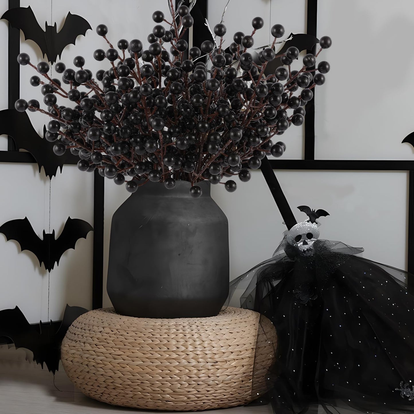 Rowfad 40 Pcs Artificial Berry Stems Branches, Halloween Black Faux Holly Berries Picks Ornaments for Christmas Tree Wreath DIY Craft Decorations Holiday Home Decor (40, Black)