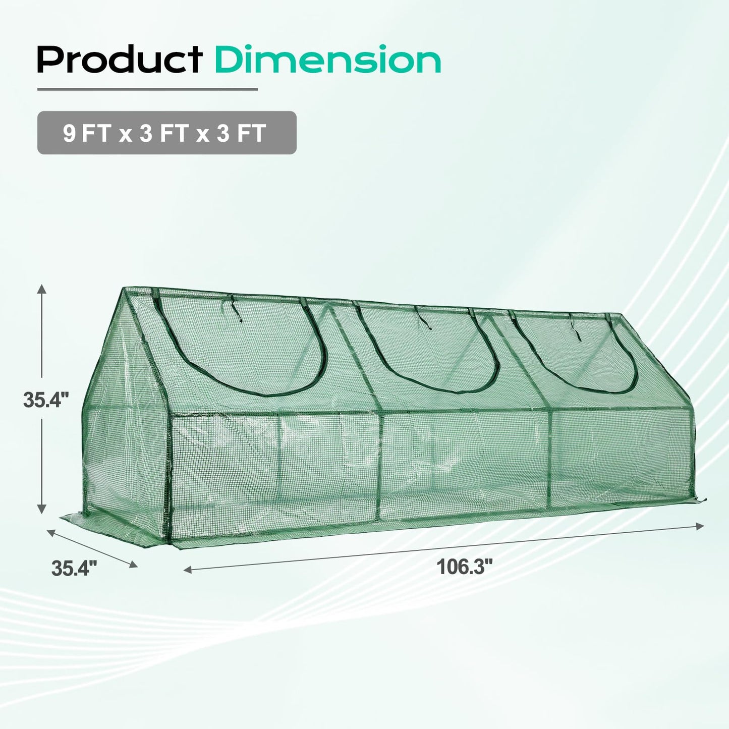 BPS 9x3x3 ft Mini Greenhouse with Green PE Cover UV-Protected Roll-Up Zipper Doors, Ideal for Indoor or Outdoor Use on Raised Garden Beds