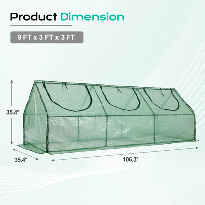 BPS 9x3x3 ft Mini Greenhouse with Green PE Cover UV-Protected Roll-Up Zipper Doors, Ideal for Indoor or Outdoor Use on Raised Garden Beds