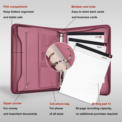 Leathario Portfolio Binder, Includes 5 Folder Index Dividers and 3 Notepads, 3-Ring Folder Organizer, Padfolio with Zipper, Vegan Leather Tablet Sleeve, Business Office Conference Clipboards
