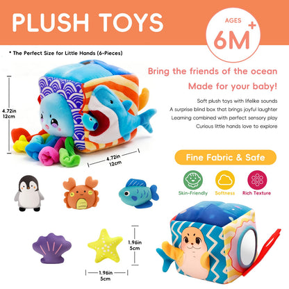SAIMAND Baby Toys 6-12 Months–Mystery Soft Box with 5 Plush Marine Animals,Rattle,Crinkle Paper & Mirror–Montessori Sensory Toys for 6 Month Old Babies 1-3 Year Old Boy Girl Birthday