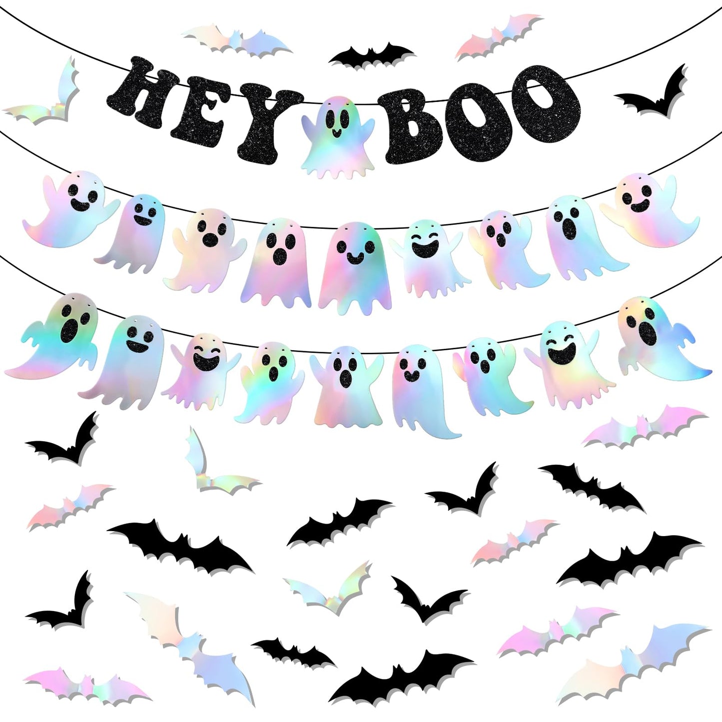 Epakh 27 Pack Iridescent Halloween Decoration Black Glitter Hey Boo Banner Holographic Ghost Garland 3D Bat Wall Sticker for Indoor Outdoor Mantel Wall Window Decor Halloween Party Decoration Supply